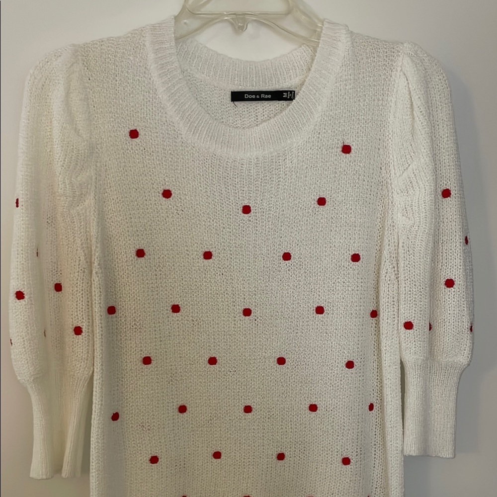 Doe & Rae Cream Crewneck Sweater with Red Polka Dot Accents